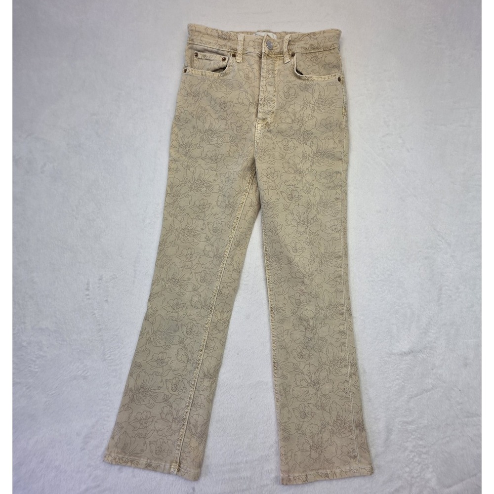 Zara Floral Print Flare Jeans Women's Size 4 Beige Cream Boho Mid Rise